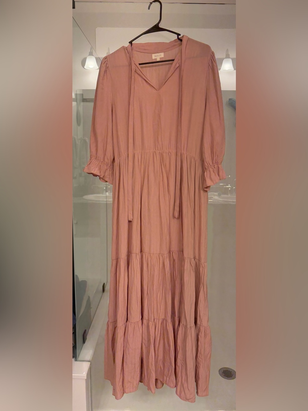 Roolee Dusty Rose & Sage  Midi Tiered Dress with V-Neck Tie